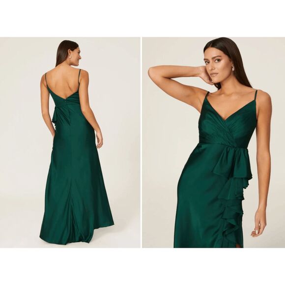 Mac Duggal Green Satin Ruffled Asymmetrical Gown US 4 $338 - Picture 1 of 8
